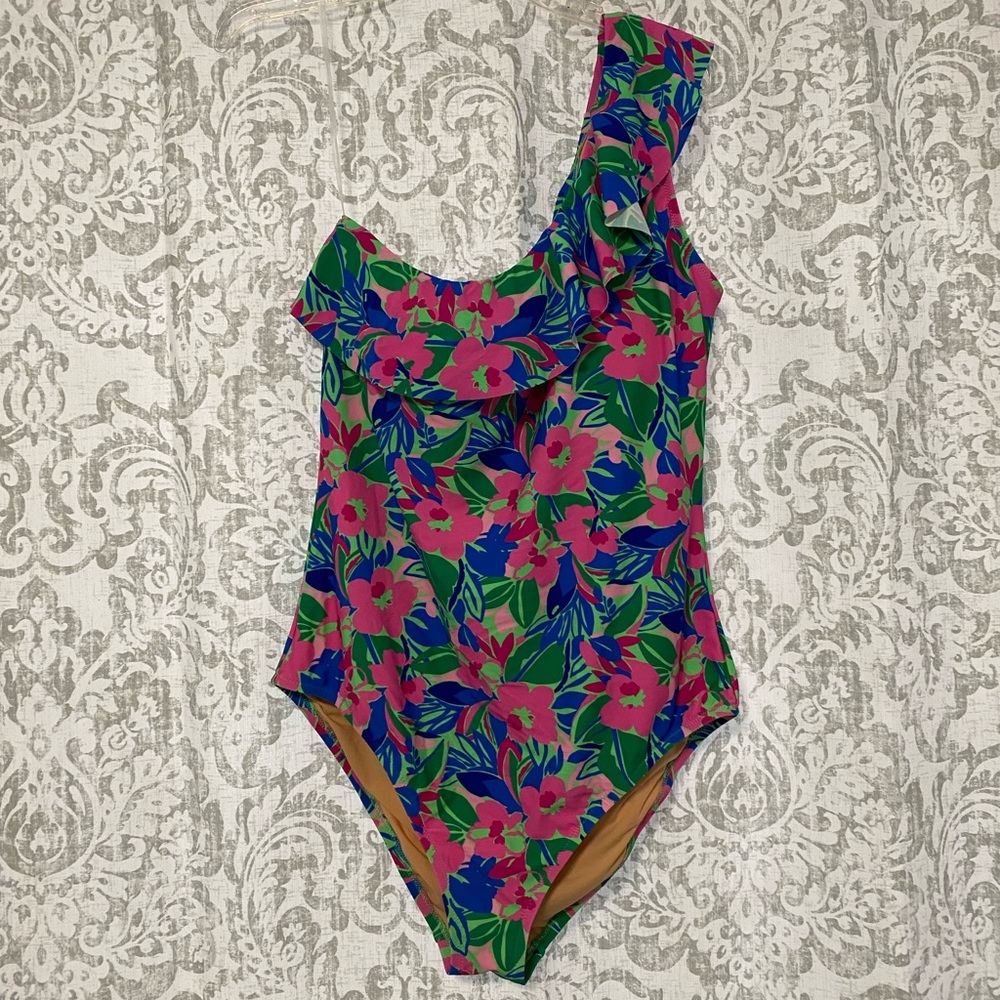 J. Crew Factory Floral One-Shoulder One Piece - Pink and Blue